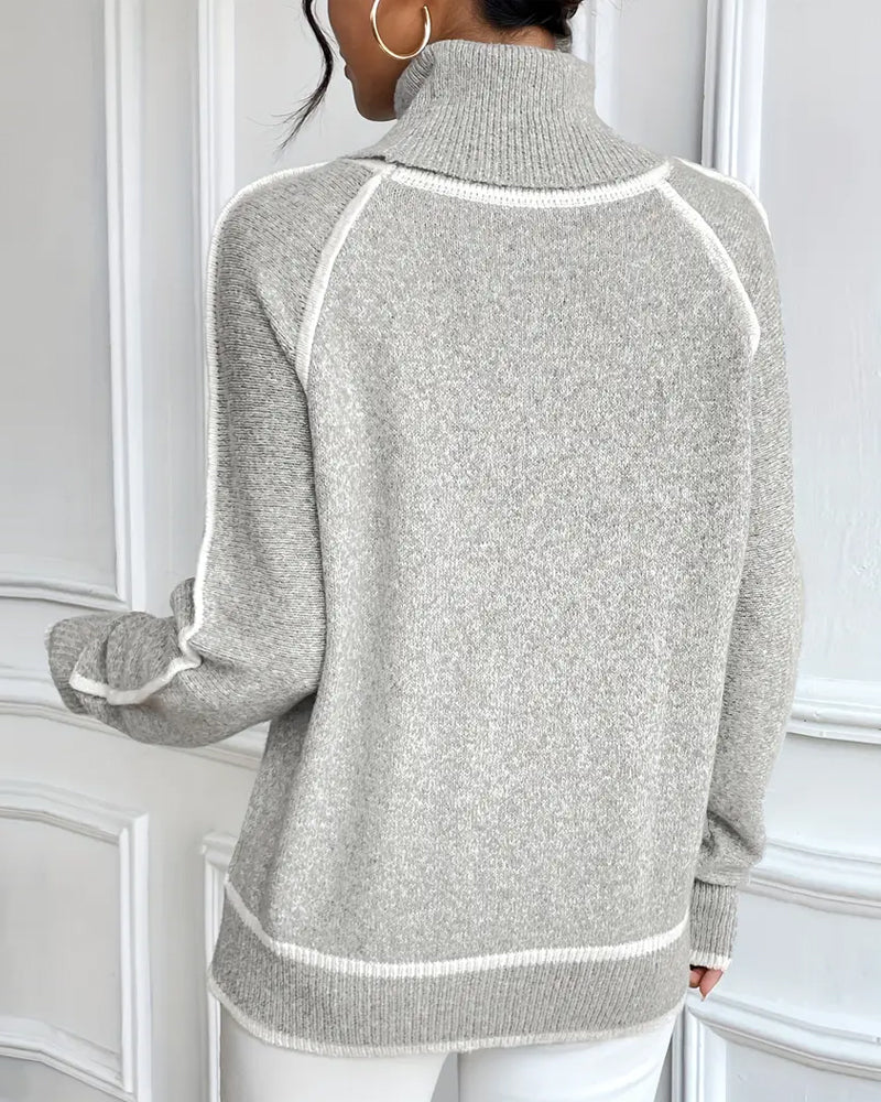 Women's Sweater with High Neck and Contrast Trim - 6 - Stylewhipped