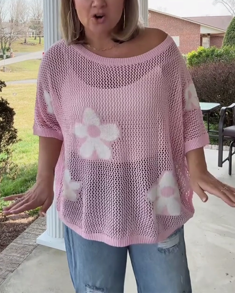 Floral Print Women's Oversized Pullover with Short Sleeves - 2 - Stylewhipped