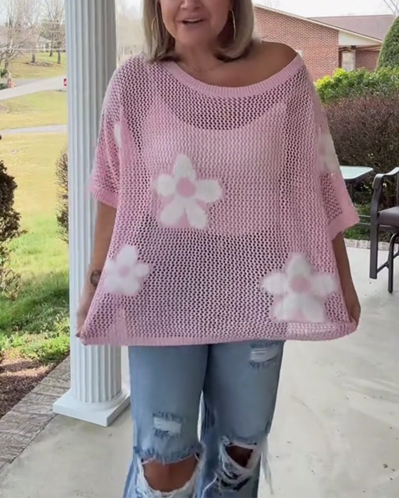 Floral Print Women's Oversized Pullover with Short Sleeves - 4 - Stylewhipped