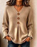 V-Neck Women's Pullover with Button Details and Relaxed Fit - 1 - Stylewhipped