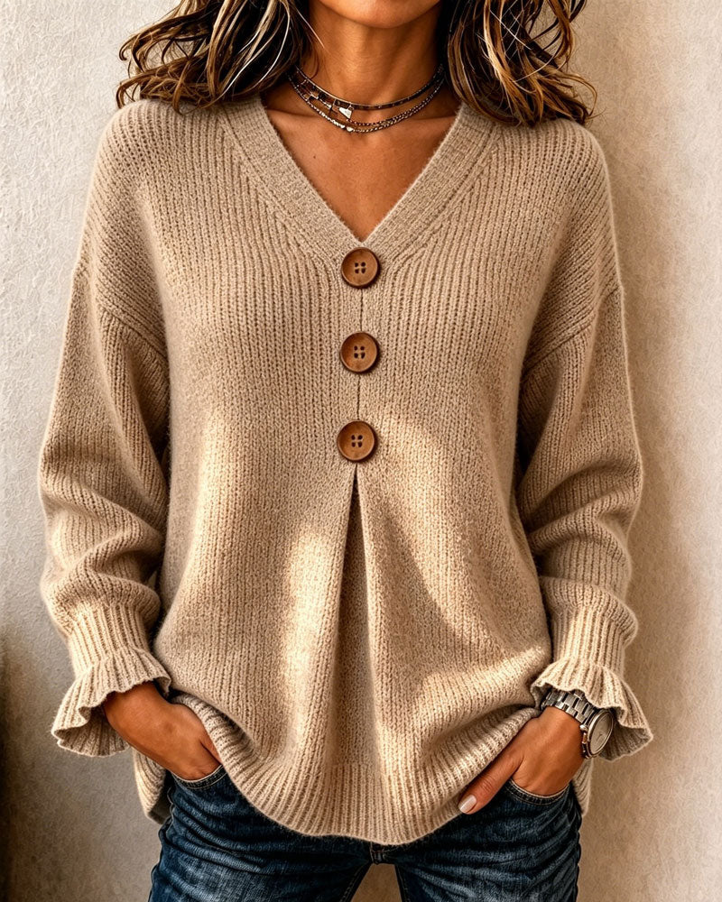 V-Neck Women's Pullover with Button Details and Relaxed Fit - 1 - Stylewhipped
