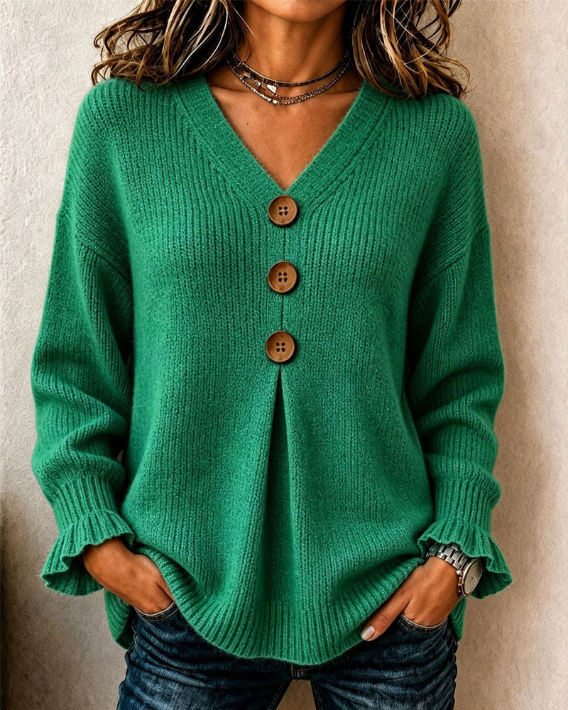 V-Neck Women's Pullover with Button Details and Relaxed Fit - 2 - Stylewhipped