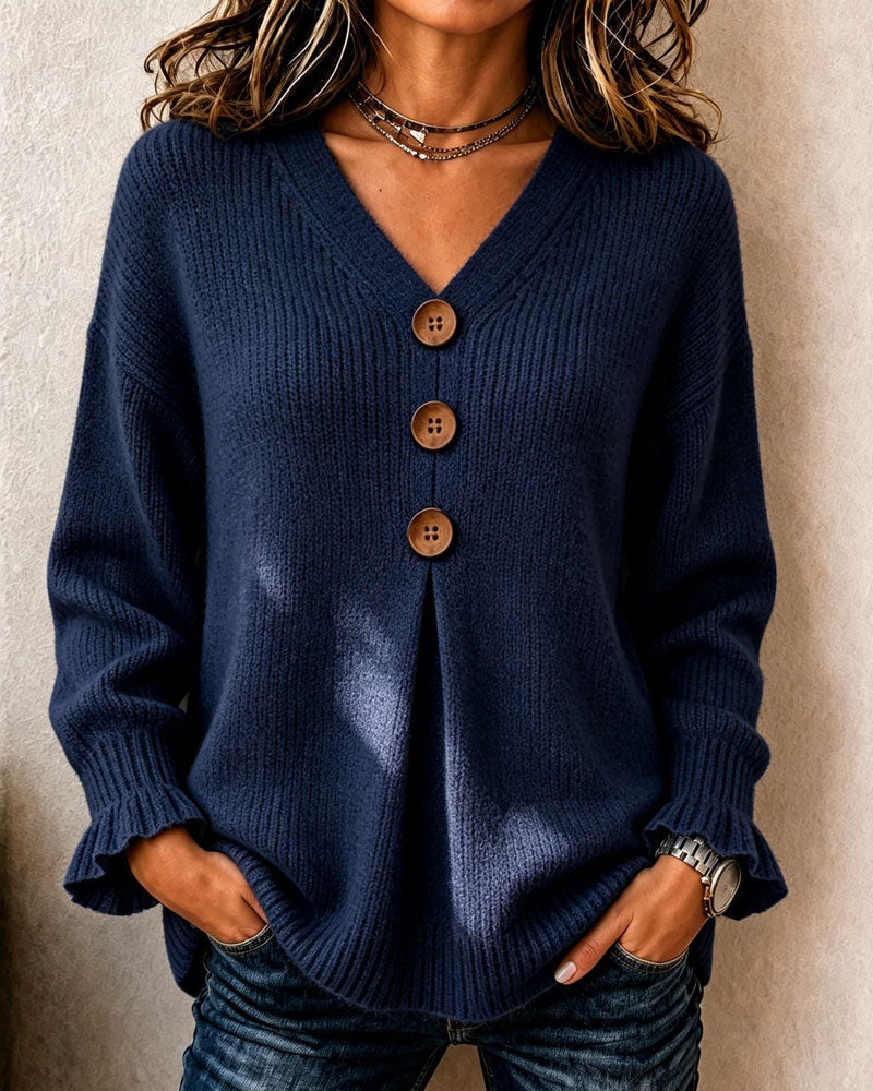 V-Neck Women's Pullover with Button Details and Relaxed Fit - 3 - Stylewhipped