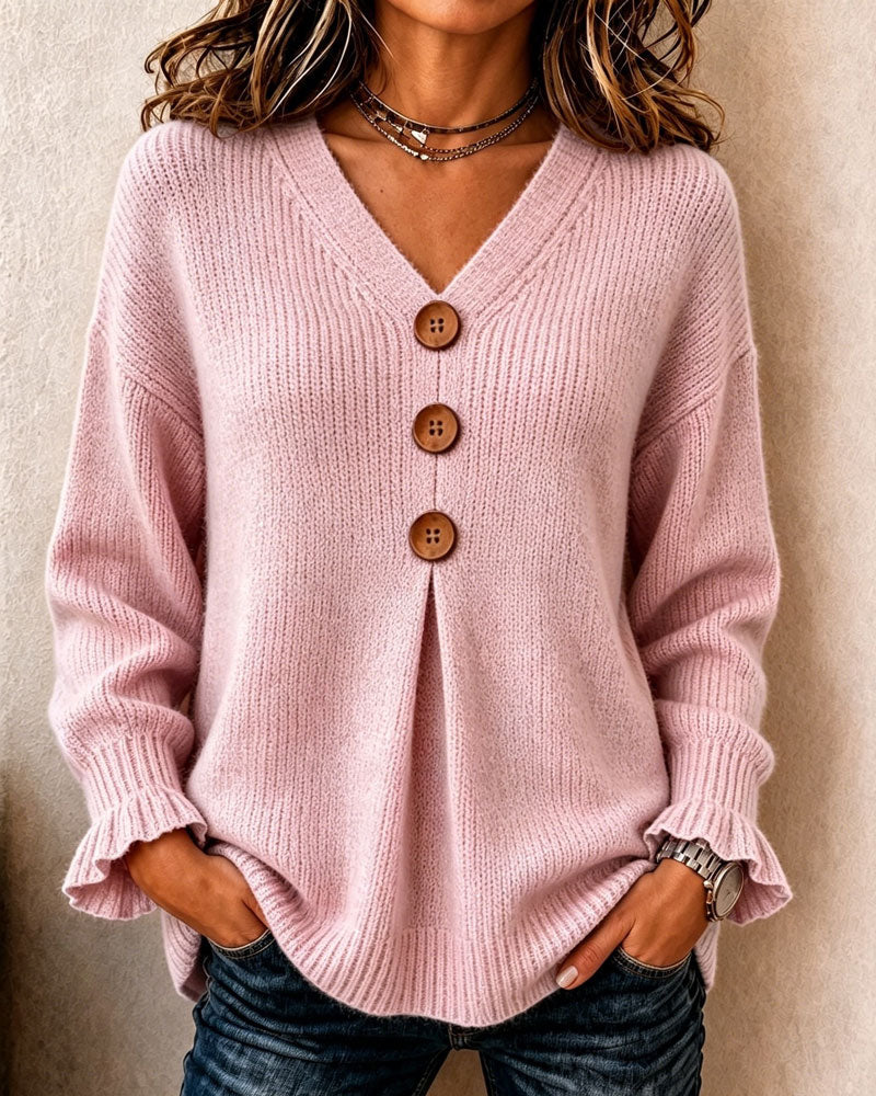 V-Neck Women's Pullover with Button Details and Relaxed Fit - 4 - Stylewhipped