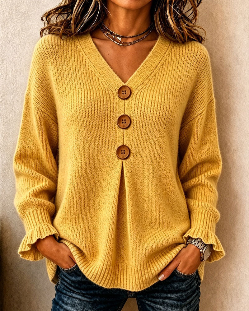V-Neck Women's Pullover with Button Details and Relaxed Fit - 6 - Stylewhipped
