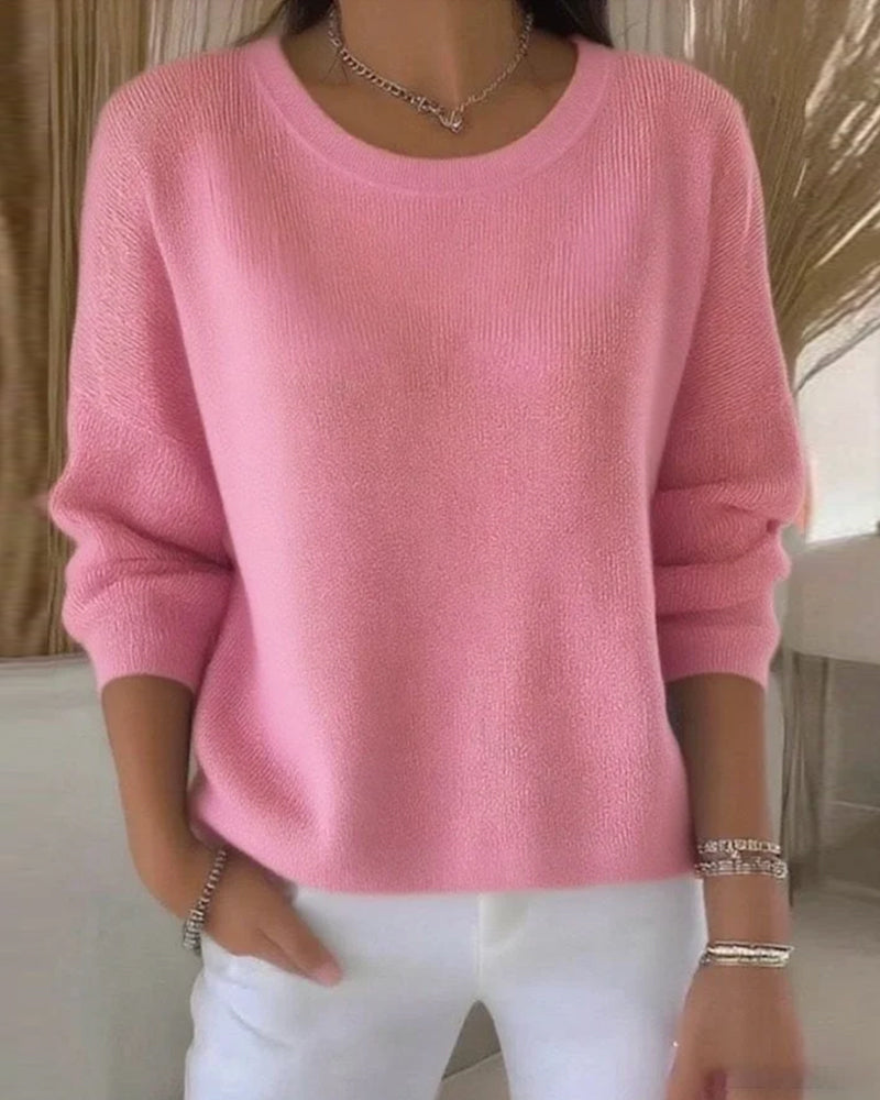 Ladies' Pink Pullover Sweater with Round Neck and Long Sleeves - 2 - Stylewhipped