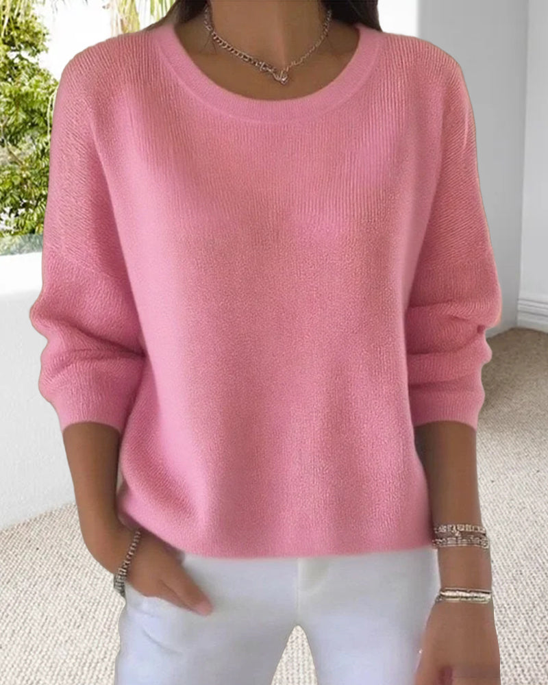 Ladies' Pink Pullover Sweater with Round Neck and Long Sleeves - 3 - Stylewhipped