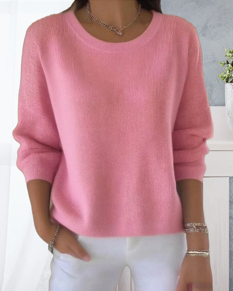Ladies' Pink Pullover Sweater with Round Neck and Long Sleeves - 4 - Stylewhipped