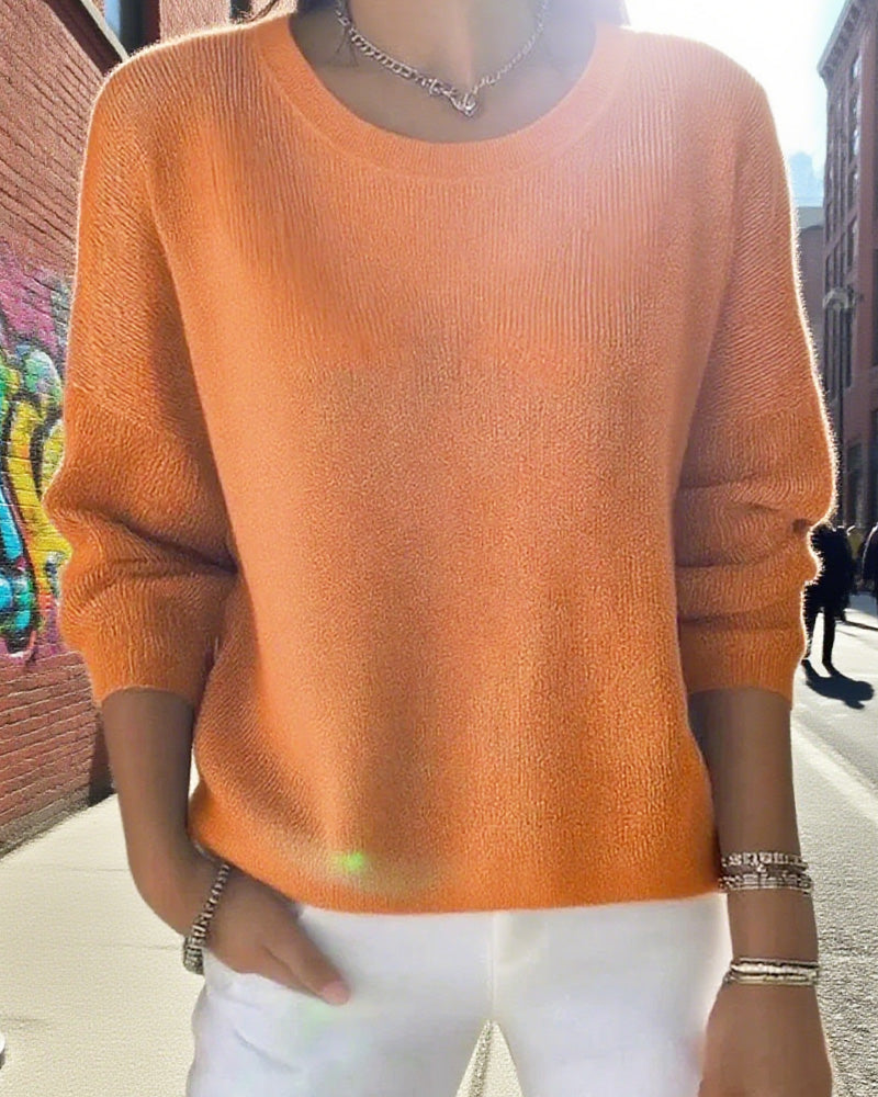 Ladies' Pink Pullover Sweater with Round Neck and Long Sleeves - 5 - Stylewhipped