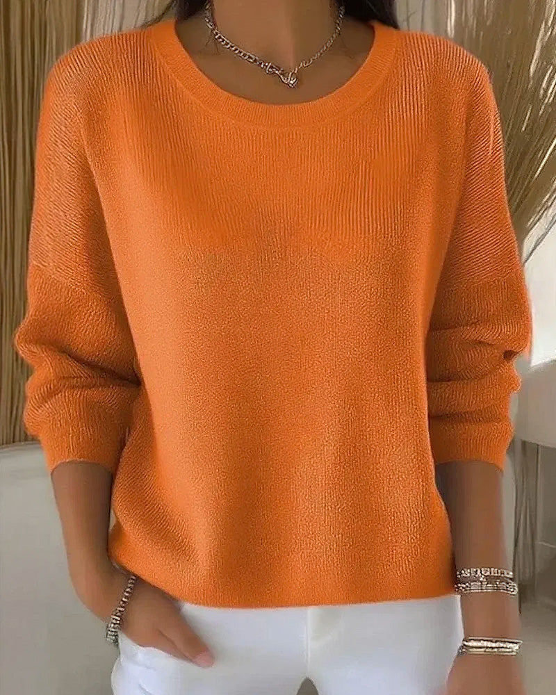 Ladies' Pink Pullover Sweater with Round Neck and Long Sleeves - 6 - Stylewhipped