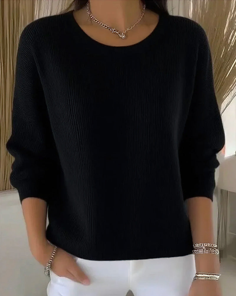 Ladies' Pink Pullover Sweater with Round Neck and Long Sleeves - 8 - Stylewhipped