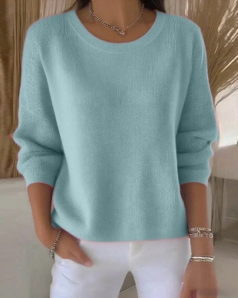 Ladies' Pink Pullover Sweater with Round Neck and Long Sleeves - 9 - Stylewhipped