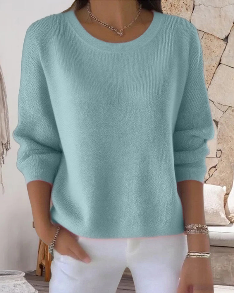 Ladies' Pink Pullover Sweater with Round Neck and Long Sleeves - 11 - Stylewhipped