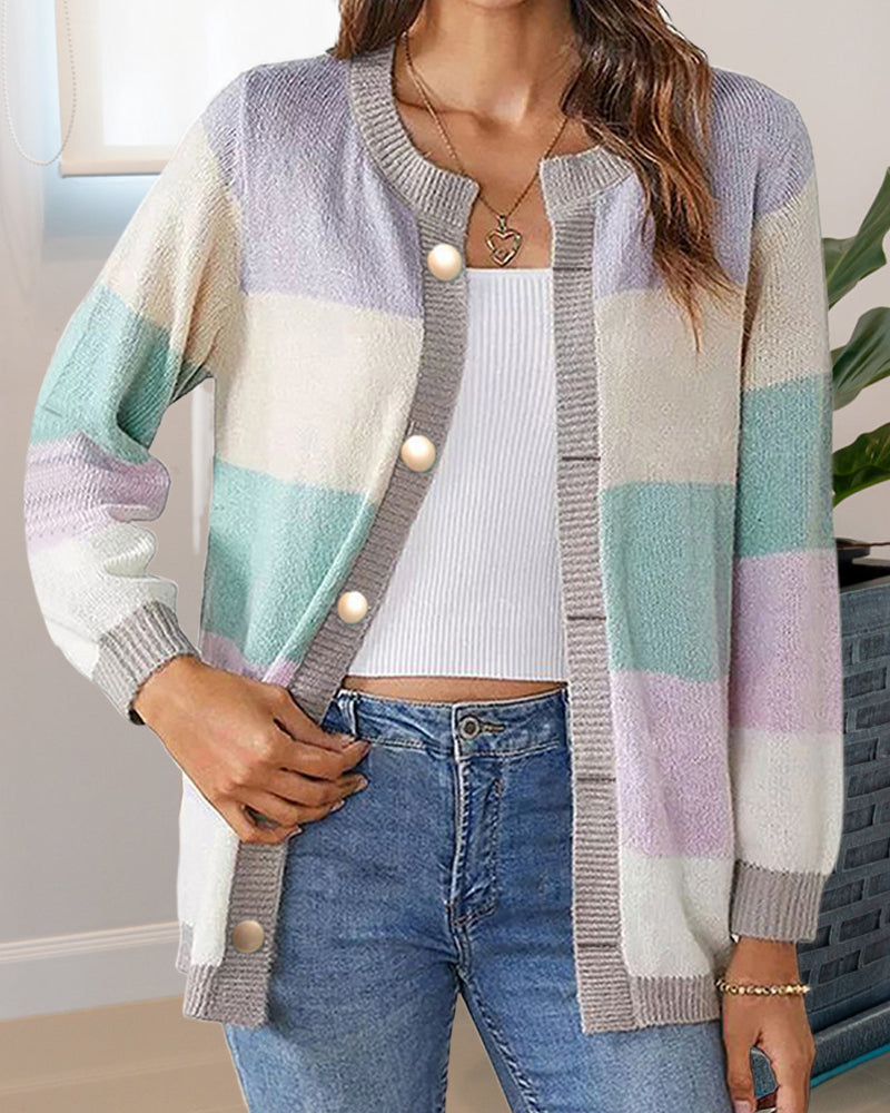 Women's Colour Block Cardigan with Button Front - 2 - Stylewhipped