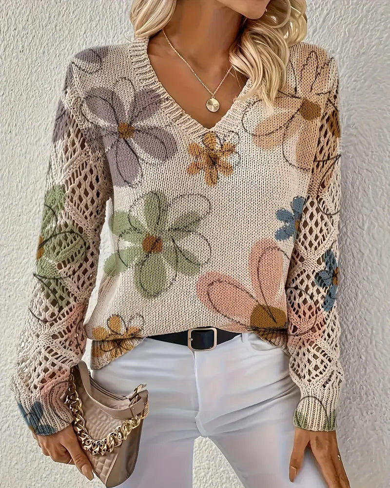 Floral Patterned Women's V-Neck Sweater with Open Stitch Detail - 1 - Stylewhipped