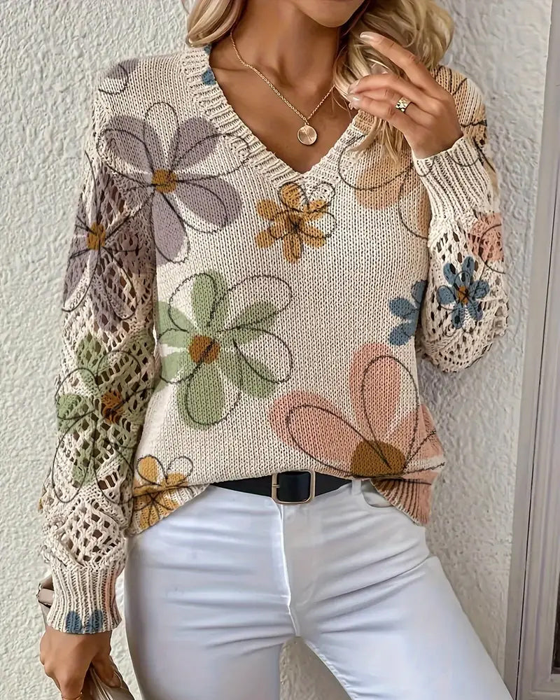 Floral Patterned Women's V-Neck Sweater with Open Stitch Detail - 2 - Stylewhipped