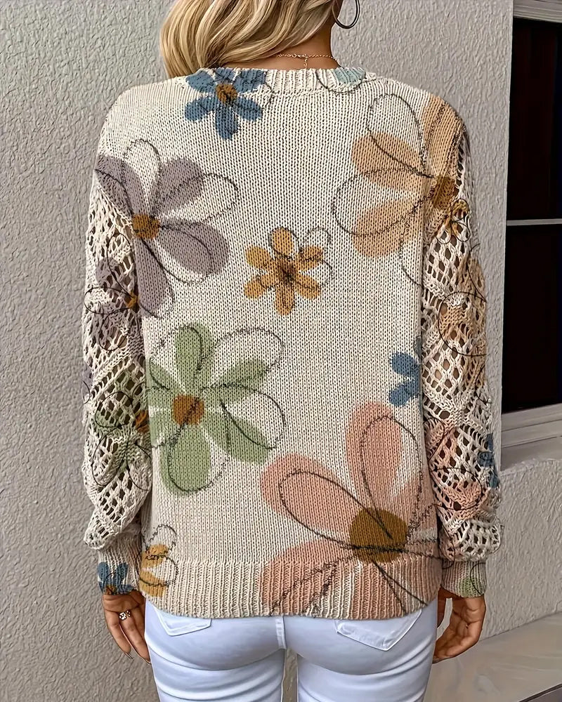 Floral Patterned Women's V-Neck Sweater with Open Stitch Detail - 4 - Stylewhipped