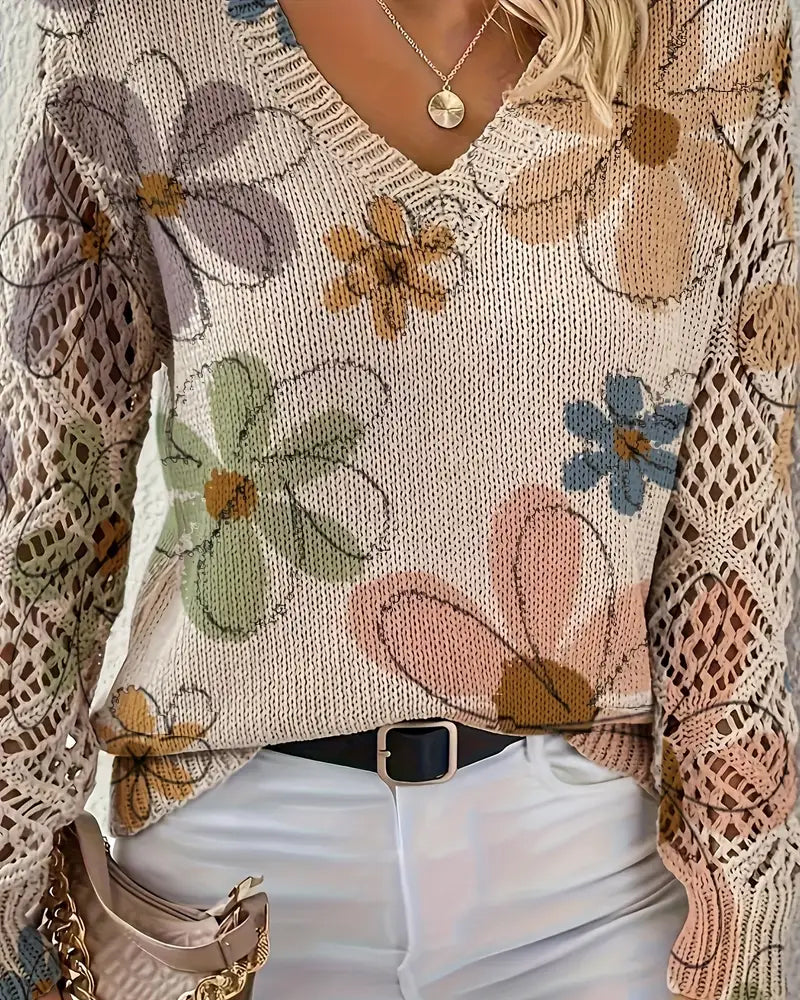 Floral Patterned Women's V-Neck Sweater with Open Stitch Detail - 5 - Stylewhipped
