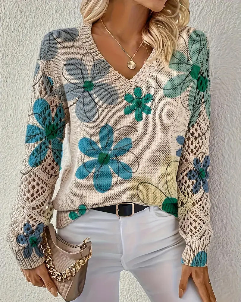Floral Patterned Women's V-Neck Sweater with Open Stitch Detail - 6 - Stylewhipped