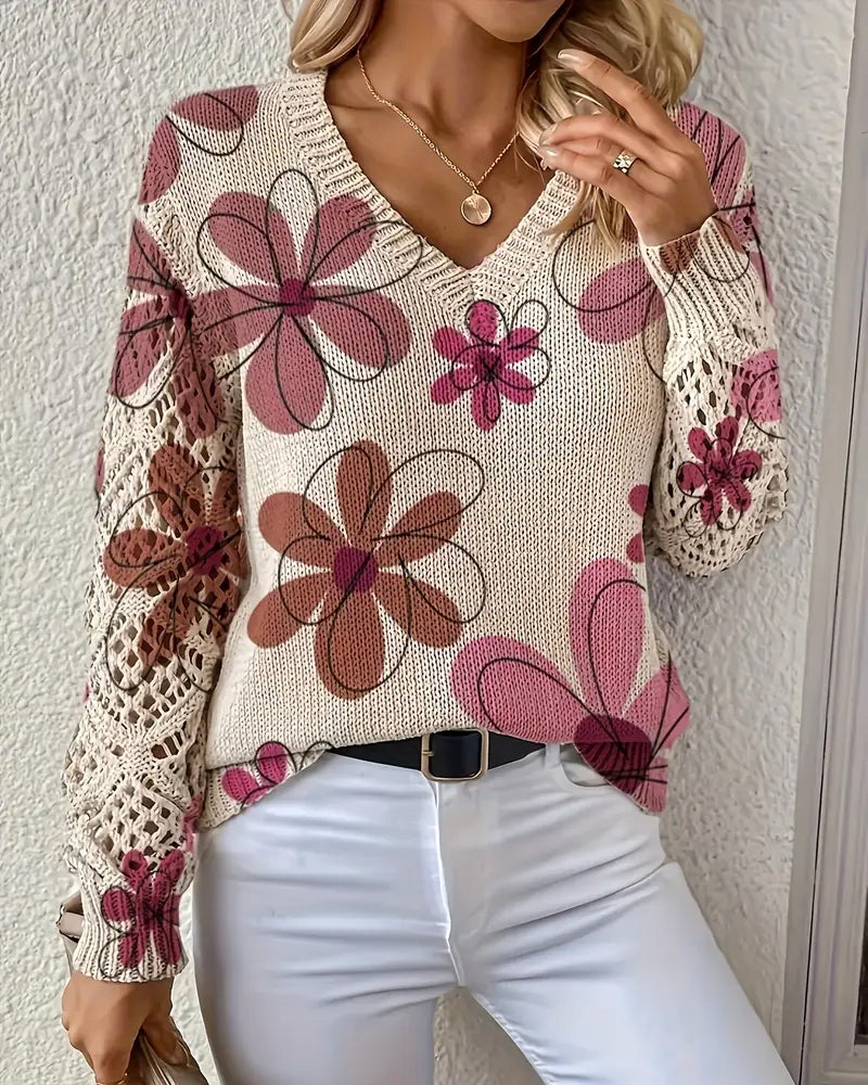 Floral Patterned Women's V-Neck Sweater with Open Stitch Detail - 7 - Stylewhipped