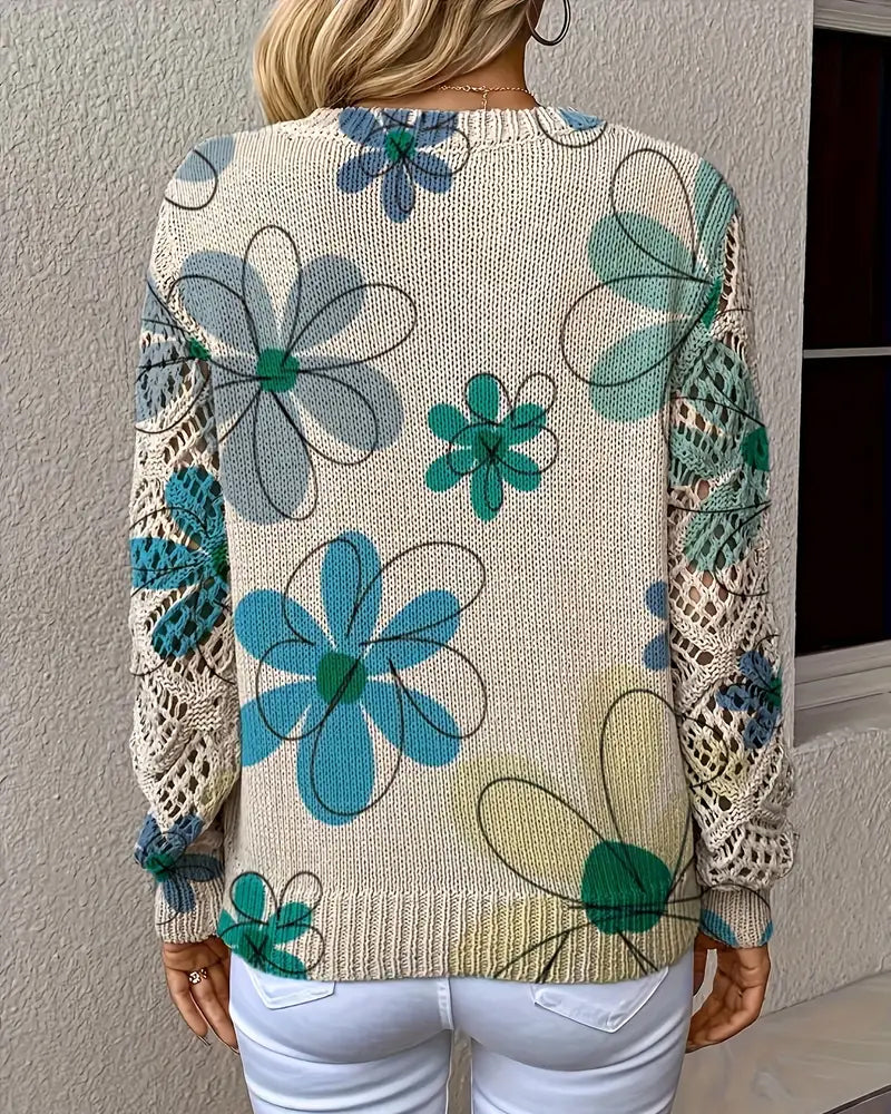 Floral Patterned Women's V-Neck Sweater with Open Stitch Detail - 8 - Stylewhipped