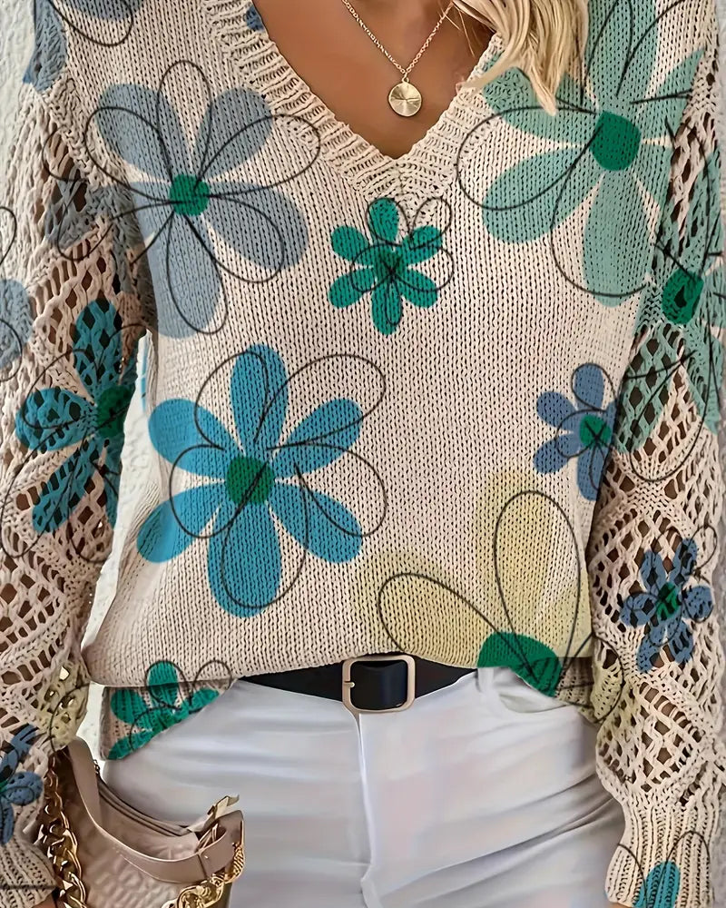 Floral Patterned Women's V-Neck Sweater with Open Stitch Detail - 9 - Stylewhipped