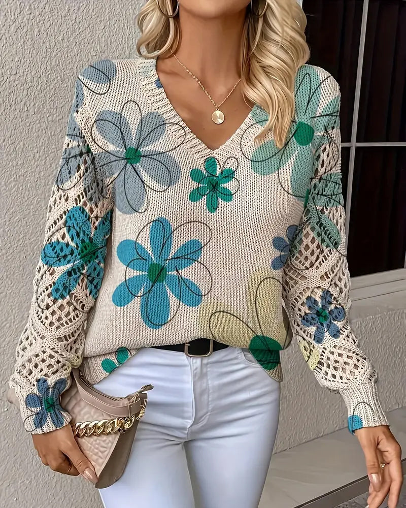 Floral Patterned Women's V-Neck Sweater with Open Stitch Detail - 10 - Stylewhipped