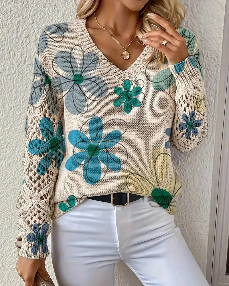 Floral Patterned Women's V-Neck Sweater with Open Stitch Detail - 11 - Stylewhipped
