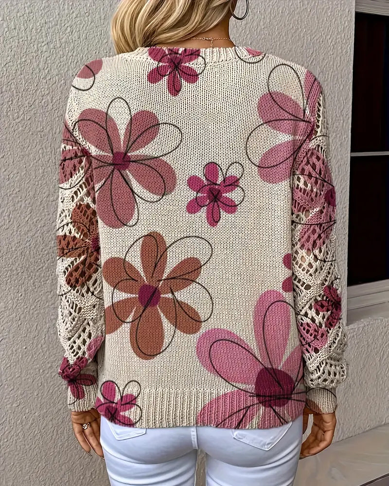 Floral Patterned Women's V-Neck Sweater with Open Stitch Detail - 13 - Stylewhipped