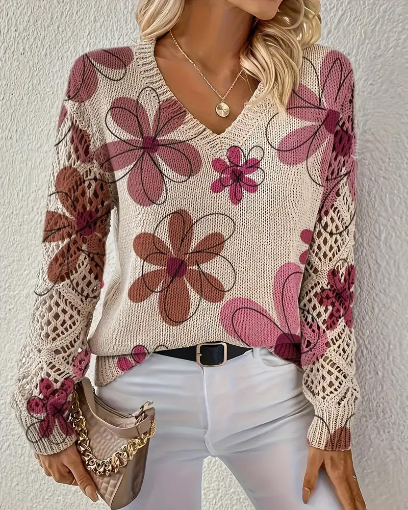 Floral Patterned Women's V-Neck Sweater with Open Stitch Detail - 14 - Stylewhipped