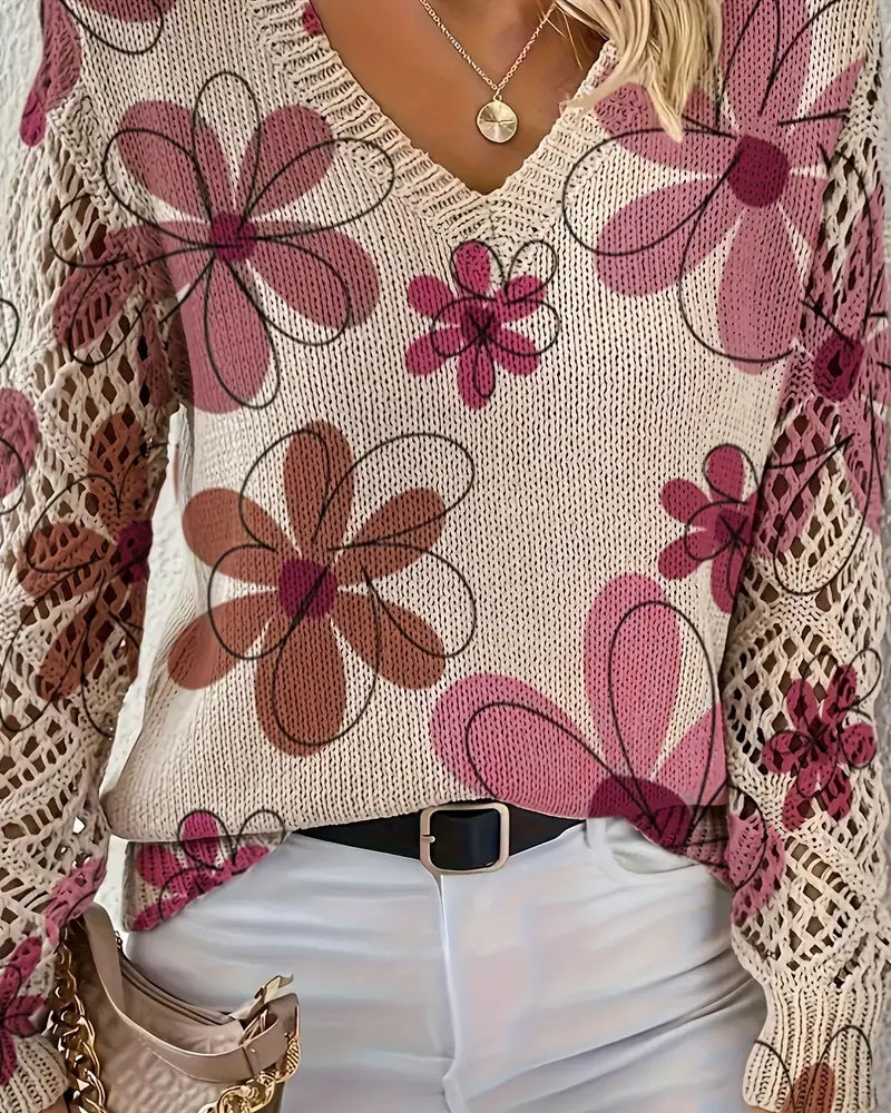 Floral Patterned Women's V-Neck Sweater with Open Stitch Detail - 15 - Stylewhipped