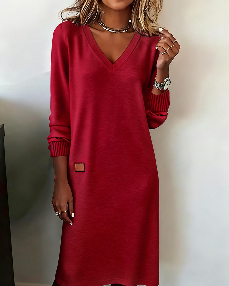 V-Neck Women's Midi Dress with Long Sleeves and Relaxed Fit - 1 - Stylewhipped
