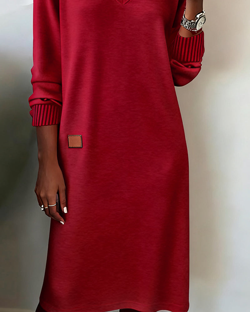 V-Neck Women's Midi Dress with Long Sleeves and Relaxed Fit - 3 - Stylewhipped