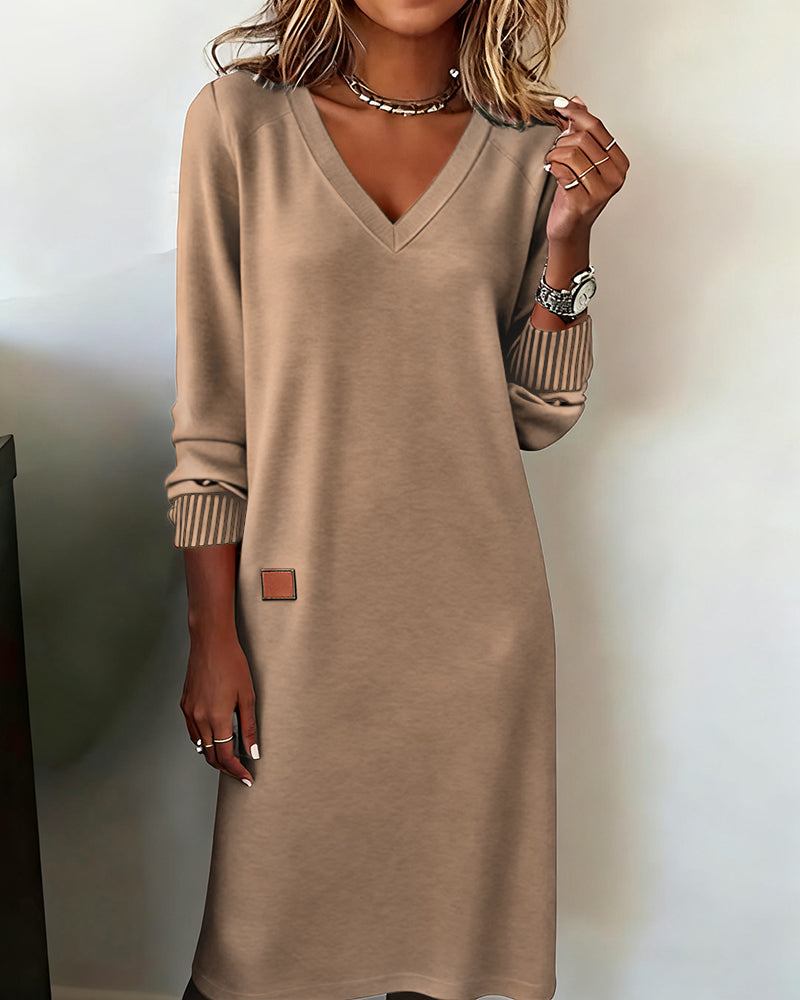 V-Neck Women's Midi Dress with Long Sleeves and Relaxed Fit - 4 - Stylewhipped