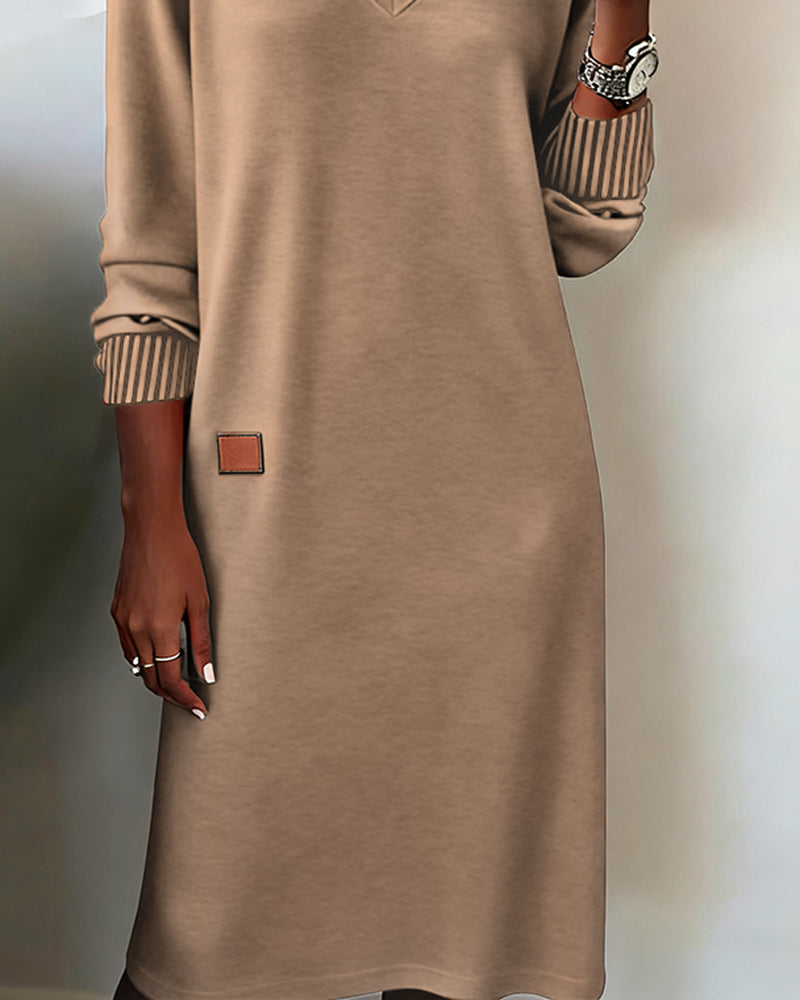 V-Neck Women's Midi Dress with Long Sleeves and Relaxed Fit - 6 - Stylewhipped
