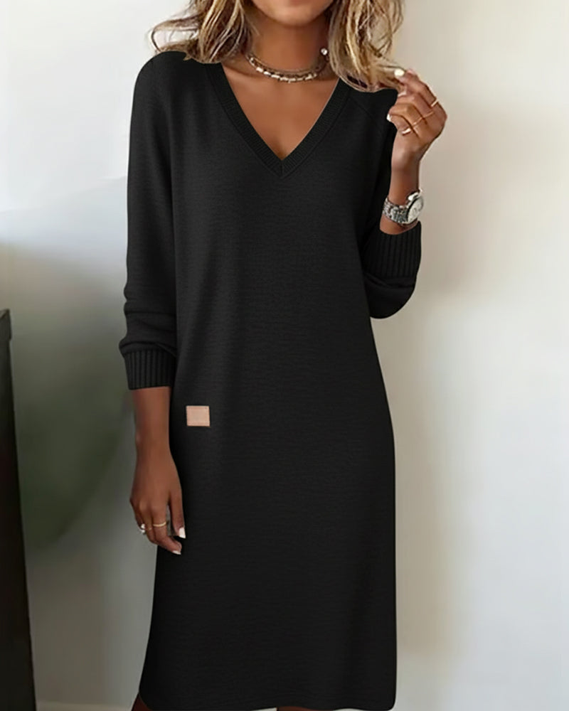 V-Neck Women's Midi Dress with Long Sleeves and Relaxed Fit - 7 - Stylewhipped