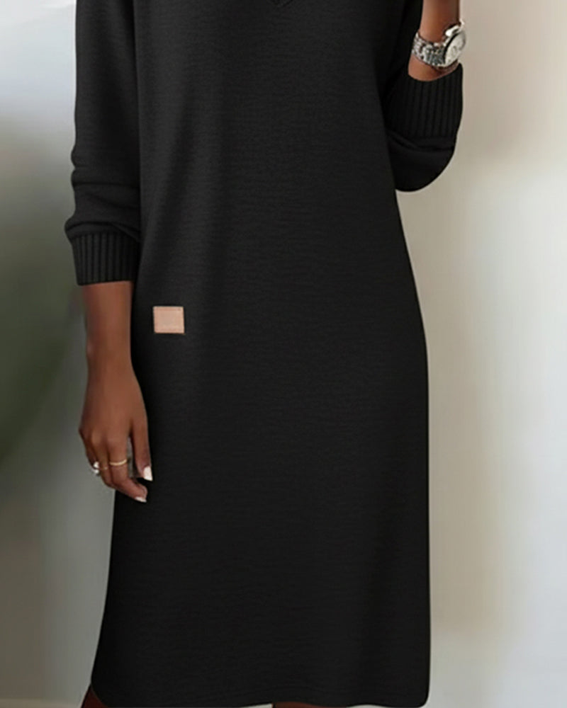 V-Neck Women's Midi Dress with Long Sleeves and Relaxed Fit - 9 - Stylewhipped