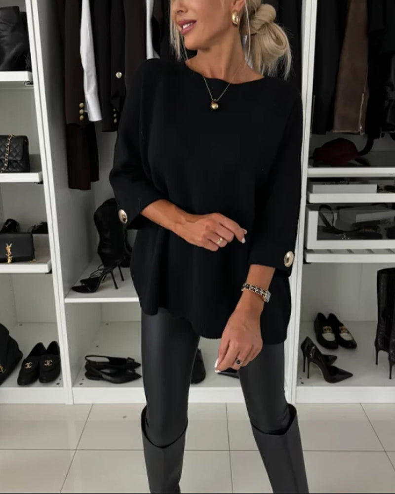Chic Women's Loose Fit Pullover with Stylish Button Accents - 5 - Stylewhipped