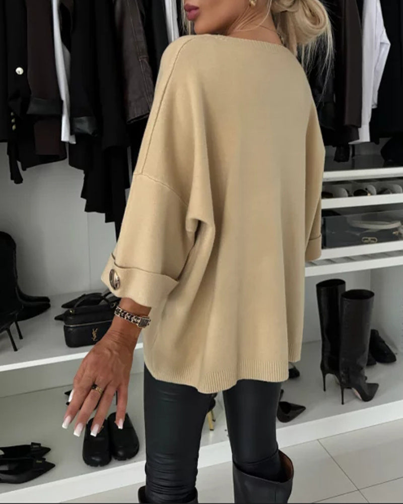 Chic Women's Loose Fit Pullover with Stylish Button Accents - 13 - Stylewhipped