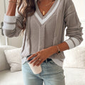V-Neck Women's Pullover with Striped Sleeves and Relaxed Fit - 1 - Stylewhipped