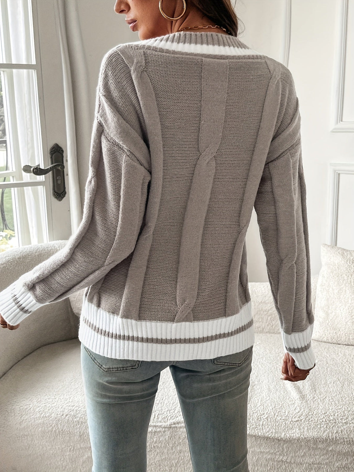 V-Neck Women's Pullover with Striped Sleeves and Relaxed Fit - 6 - Stylewhipped