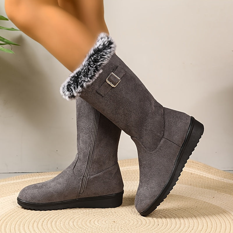 Women's Chic Knee-High Boots with Faux Fur Trim and Zip Fastening - 3 - Stylewhipped