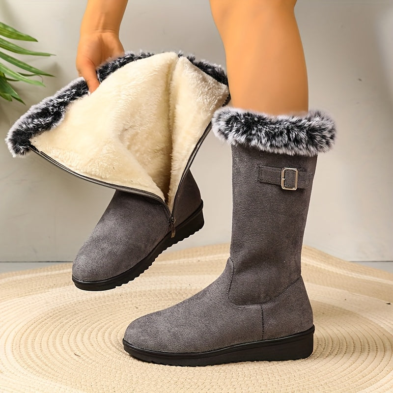 Women's Chic Knee-High Boots with Faux Fur Trim and Zip Fastening - 4 - Stylewhipped