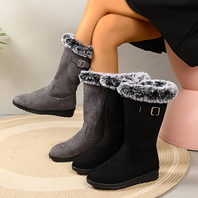 Women's Chic Knee-High Boots with Faux Fur Trim and Zip Fastening - 5 - Stylewhipped