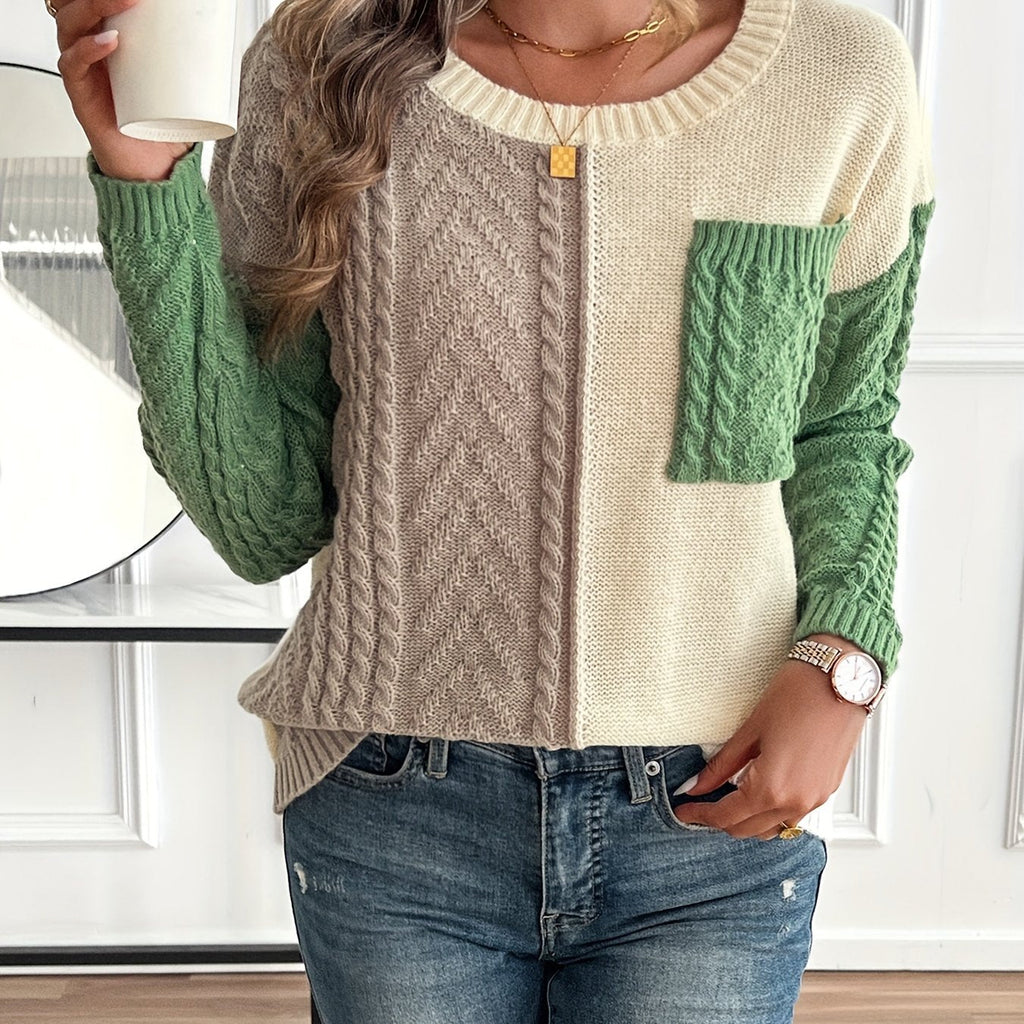 Women's Colour Block Pullover with Pocket and Long Sleeves - 1 - Stylewhipped