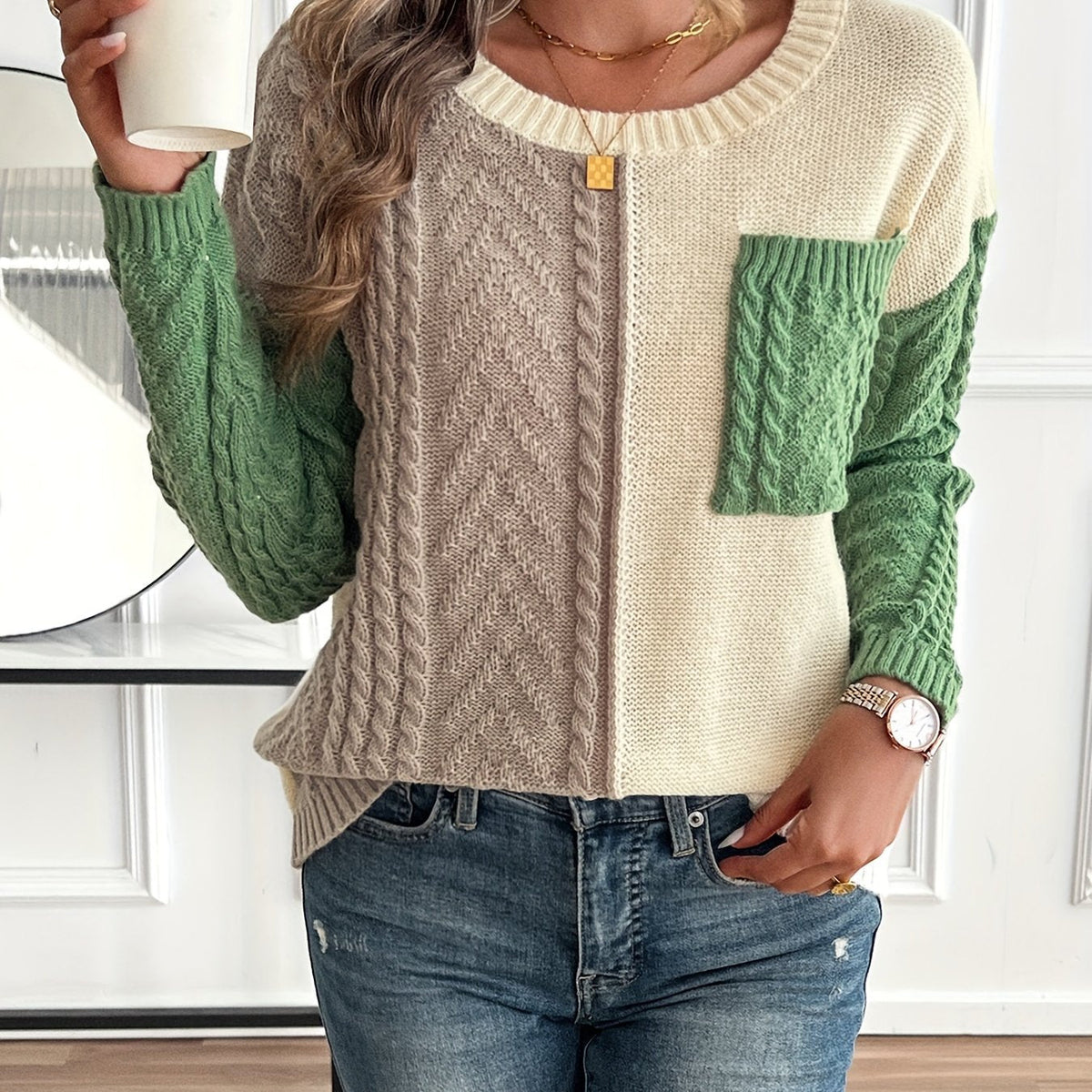 Women's Colour Block Pullover with Pocket and Long Sleeves - 1 - Stylewhipped