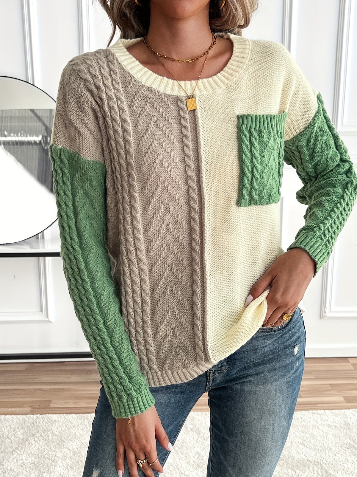 Women's Colour Block Pullover with Pocket and Long Sleeves - 5 - Stylewhipped