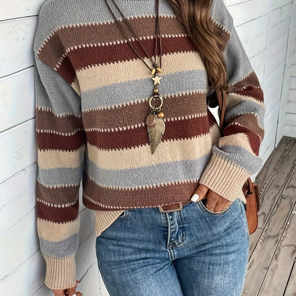 Striped Women's Pullover Sweater with Round Neck and Long Sleeves - 1 - Stylewhipped