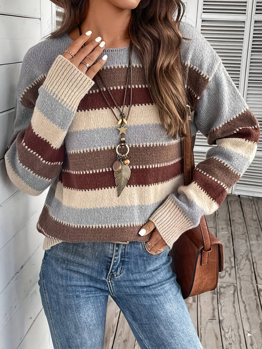 Striped Women's Pullover Sweater with Round Neck and Long Sleeves - 2 - Stylewhipped