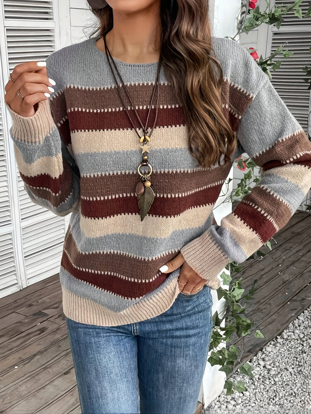 Striped Women's Pullover Sweater with Round Neck and Long Sleeves - 4 - Stylewhipped
